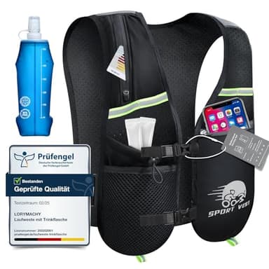 Laufweste Damen Herren - Ultraleicht Running Vest mit 500ml Trinkflasche, 6 Taschen, Atmungsaktiv, Verstellbar, Reflektierende Laufrucksack füR Laufen, Marathon, Wandern, Radfahren