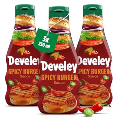 Develey - Spicy Burger Sauce 3x250 ml Squeeze Flasche im Set - Scharf-würzige Burgersauce mit feinen Gurken- & Zwiebelstückchen ohne Konservierungsstoffe & Glutamat - Für Hamburger, Sandwiches & Wraps