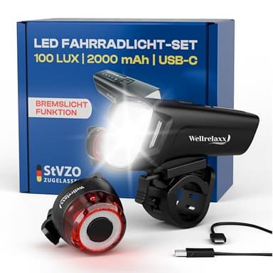 Wellrelaxx LED Fahrradlicht Set USB aufladbar 100LUX | Fahrrad Licht StVZO zugelassen | Fahrradbeleuchtung Set bestehend aus Vorderlicht und Rücklicht mit Bremslicht