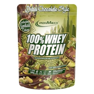 IronMaxx 100% Whey Protein Pulver 500g - Dubai Chocolate | Cremiger Eiweißshake mit BCAAs & EAAs | High Protein, Low Carb & zuckerarm | Ideal für Muskelaufbau, Diät & Fitness