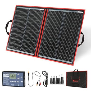 DOKIO Solarpanel Faltbar 100W Monokristalline Solarmodule Tragbar mit Solarladeregler (LCD Anzeige + 2 USB Ausgang), PV Kabel (3 Meter), 5 DC Adapter