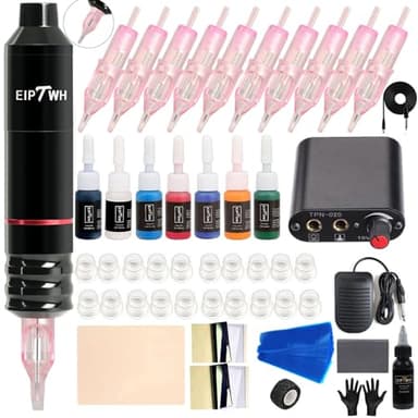 EIPTWH Tattoo Maschine Set, DC Rotary Tattoo Gun Kit mit 10 Stück Tattoo Nadeln 7 Farben Tattoo Tinten Set Tattoo Maschine Set für Anfänger