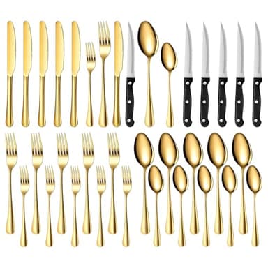 TAN REN Gold Besteck Set 6 Personen, 36-teiliges Edelstahl Besteckset mit Steakmesser, Elegantes Essbesteck Set mit Messer Gabel Löffel, Cutlery Set für Küche/Restaurant