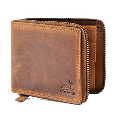 Fa.Volmer ® Herren Leder Geldbörse mit umlaufenden Reißverschluss - echtes Rindsleder - RFID-Schutz - Münzfach mit Einkaufswagenchip-Halter - Braun