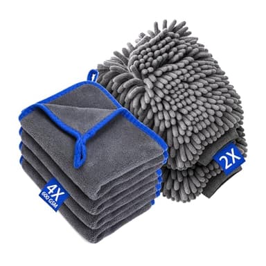 YOMKILU 6 Stück Auto Waschen Set, Auto Reinigungsset mit 4 Stück Mikrofasertücher & 2 Stück Waschhandschuh, Auto Zubehör Accessoires Autopflege Trockentuch zum Kratzfreien, Car Cleaning Kit