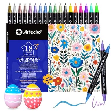 Artecho Acrylstifte 5 Weiß Farben, 0.5-5mm Wasserfester Dual Tip Marker (Pinsel und feine Spitze), mit doppelten Enden für Rock Painting, Glas, Papier, Holz, Ei, Leinwand, Keramik, Stoff, DIY Crafts
