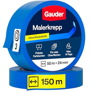 GAUDER Malerkrepp für präzise Farbkanten - Profi-Kreppband für Malerarbeiten - Malerband & Abdeckband blau - Abklebeband aus Washi-Papier (3 Rollen - 24 mm x 50 m)