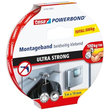 tesa Powerbond ULTRA STRONG - Doppelseitiges, extra starkes Montageband zur permanenten Befestigung im Außen- und Innenbereich - 5 m