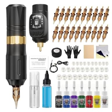 HAWINK Tattoo Maschine Set mit 1600 mAh Akku 20 Stück Mixed Tattoo Cartridges 7 Inks Blaue Seife Kabellos Tattoo Maschine Set Komplettes Tattoo Zubehör Set HW-TK1001EU-1