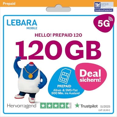 LEBARA Prepaid SIM-Karte mit Hello! 120 Prepaid Tarif ohne Vertrag | Allnet Flat Telefonie & SMS, 120 GB Datenvolumen inkl. 5G und 500 Frei-Min. ins Ausland…