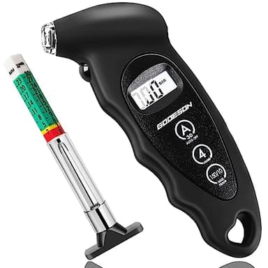 GODESON Digitaler Reifendruckprüfer 150 PSI 10 Bar mit 4-Einstellungen und Profiltiefenmesser für Reifen,Autozubehör mit hinterleuchtetem LCD,Luftdruckprüfer Geeignet für Autos,LKW, Fahrräder