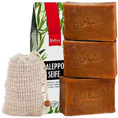 Natura Germania® 3x je ca. 200 gr (ca. 600 gr) original Aleppo Seife Set 80% Olivenöl / 20% Lorbeeröl + Sisal Seifensäckchen | Bekannt aus dem Öffentlich-rechtlichen - Naturseife