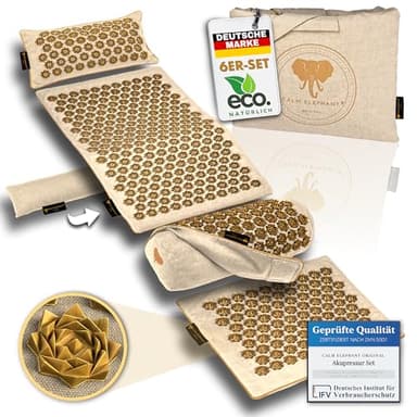 CALM ELEPHANT ORIGINAL® Akupressurmatte mit Kissen XXL Set ULTIMATE 6-teilig, Massagematte Rücken, Verspannungen lösen, Akupunktur Matte, Kissen mit Wärmefunktion, Lenden-& Kniekissen, Fußmatte, beige