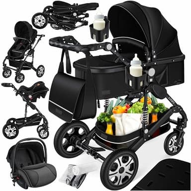 KESSER® Loops 4 in 1 Kinderwagen Kombikinderwagen Komplett-Set inkl. Babywanne & Buggy Sportsitz & Auto-Babyschale Voll-Gummireifen Wickeltasche Regenschutz Kindertisch ECE R129, Schwarz/Schwarz