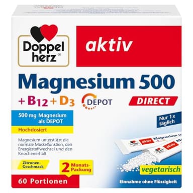 Doppelherz Magnesium 500 + B12 + D3 DIRECT mit DEPOT-Funktion - Magnesium als Beitrag für die normale Funktion der Muskeln und des Nervensystems - 60 Portionen Micro-Pellets mit Zitronen-Geschmack