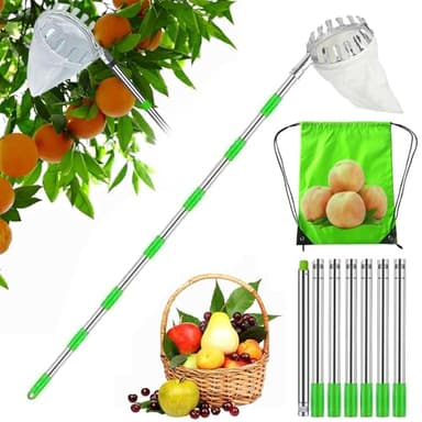 HEYIDAMAI Obstpflücker,Apfelpflücker,Pflückhilfe 3M,Obstgreifer Einfach zu Montieren,Kirschenpflücker mit Leichter Edelstahl Verlängerung Verbindungsstange und Baumwollbeutel Ø16 cm