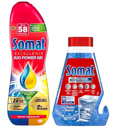 Somat Excellence Duo Power Gel Zitrone, Limette 58 WL & Somat 5in1 Intensiv-Maschinenreiniger, flüssig zur Tiefenreinigung, Entkalkungsfunktion, 250 ml (1er Pack)
