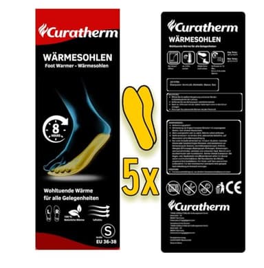 CURATHERM 5 Paar - Einweg-Wärmesohlen Größe S (36-38) – Fußwärmer | Fusswärmer für kalte Füße | Bis zu 8 Stunden Wärme, Perfekt für Winter & Outdoor, Skifahrer, Camping