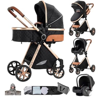 Prokoke Kinderwagen 3 in 1, Buggy mit Umkehrbarem Zwei-Wege-Schub, Kinderwagen Rahmen Aluminiumlegierung, Kombikinderwagen 3 in 1 Einem Klick Faltbar Baby Kleinkind Neugeborene (225 Black)
