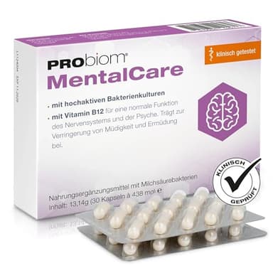 PRObiom® MentalCare (1er Pack) 30 Kapseln [DAS PROBIOTIKUM FÜR INNERE BALANCE & ENERGIE] – mit klinisch getesteten Bakterienkulturen inkl. Vitamin B12– tägliche Unterstützung bei Müdigkeit