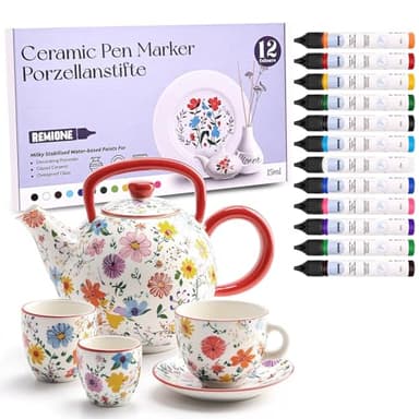 Remione Porzellanstifte Spülmaschinenfest, Porzellanfarbe Wasserfester, Geeignet zum Malen von Mustern auf Porzellan, Glas und Keramik, Keramik Bemalen Set 12 Farben 15ml (12 Farben)
