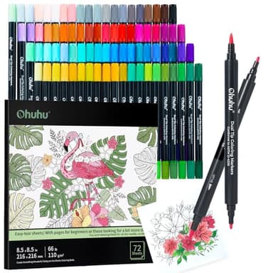 Ohuhu Marker 80 Farben Set mit 72 Seiten Malbuch - Doppelspitze Wasserbasierte Filzstifte für Erwachsene Zeichnen Manga & Kalligraphie