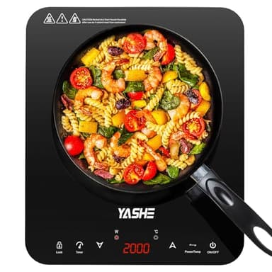 YASHE Induktionskochfeld – Einzel Induktionskochplatte, 10-Leistungseinstellung und 10-Temperaturstufen, 2000W Induktionskochfeld 1 Platte, 4-Stunden-Timer, Sicherheitsschloss, Mobil
