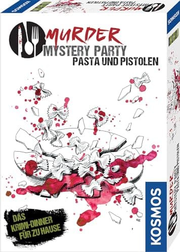 KOSMOS 695095 Murder Mystery Party - Pasta und Pistolen, Das Krimi-Dinner für zu Hause, Komplett-Set für genau 8 Personen ab 16 Jahren, Partyspiel