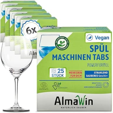 AlmaWin® Spülmaschinentabs [6x 25 Stück] mit Powerformel für strahlend sauberes Geschirr - Öko Spülmaschinentabs für leichte Dosierung - Kraftvolle Geschirrspültabs - Ohne Phosphat, Bio & VEGAN