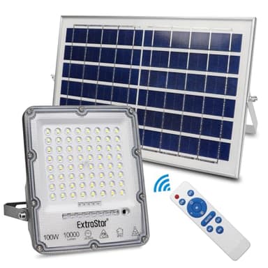 EXTRASTAR Solar LED Strahler 100W, Solar-Flutlicht mit Fernbedienung und Automatisches Licht Ein/Aus, 6500K Kaltweiß, IP67 Wasserdicht für Garten, Außenbereich (1 Stück)