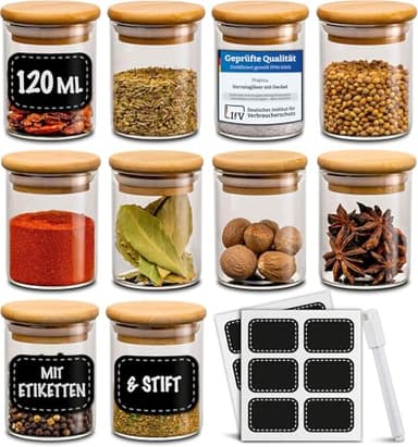Praknu Gewürzgläser 120ml - 10er Set Gewürzdosen Organizer mit Gewürzetiketten - Luftdicht - Spülmaschinenfest -Küchenorganisation - für Gewürze, Kräuter & Tee
