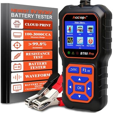 Acclope BT60 PRO Autobatterie Tester mit Cloud-Druck 100-3000 CCA, 6V 12V 24V AGM Lithium Gel Batterieprüfer Lade- und Anlasssystem Digitaler Analyzer für Fahrzeuge und LKWs