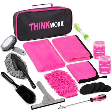 THINKWORK Auto Reinigungsset, 17 Stück Autopflege Set, Auto Waschset für Auto Reinigung Innenraum und Außen, Lüftungsschlitz, Armaturenbrett, Motor, Räder, Autopflege-Geschenkset (Rosa)