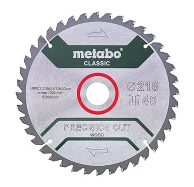Metabo Sägeblatt Precision Cut Wood - Classic, 216 x 2,4/1,8 x 30, Z40 WZ 5° neg. – 628060000 – Sägeblatt für saubere Schnitte in Weich- und Hartholz