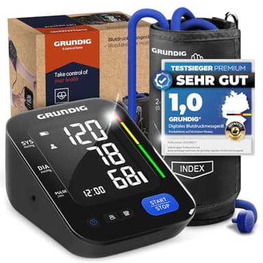 GRUNDIG Blutdruckmessgerät Oberarm - hochpräzise - einfachste Bedienung - perfekt ablesbar - Herzrhythmusstörungen Erkennung - Risikobewertung - Manschettensitzkontrolle (Schwarz)