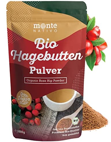 Hagebuttenpulver Bio 1kg Monte Nativo (1000g) - Hagebutten Pulver - Getrocknete Früchte - Hagebutten schonend gemahlen - Hagebuttenmehl - 100% naturrein - Ideal zur Zugabe in Smoothies, Säfte