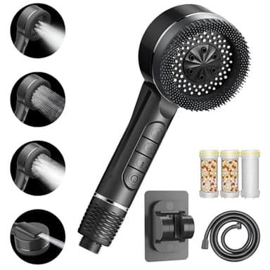 Duschkopf mit Filter, Hochdruck Handbrause mit Filtration in 8 Schichten, 4 Strahlarten-Duschbrause mit Stoppfunktion, mit 1.5M Brauseschlauch und Ständer, für Hartes Wasser/Bakterien/Rest-Chlor/Grau