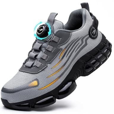 Sicherheitsschuhe Herren S3 Leicht Drehknopf Arbeitsschuhe Stahlkappenschuhe Atmungsaktiv rutschfeste Sportlich Safety Shoes Anti-Smash Anti-Punktur Mode Grau 43 EU