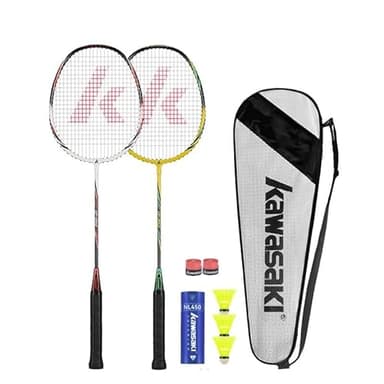 Kawasaki Badminton Schläger Set 2, Profi Badmintonschläger Set mit 3 Bällen, 1 Schlägertasche, 2 Federballschläger für Training, Sport und Unterhaltung