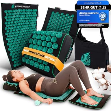 Explore Motion® Original Akupressurmatte 6in1 Premium-Set aus Naturfasern - Rücken- & Nackenmassage gegen Stress & Verspannungen | Mit Kissen & Massageball | Spüre den Unterschied