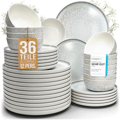 Steingut Geschirrset 12 Personen Ibiza 36 tlg. TESTSIEGER, Traumhaftes Mediterranes Steingut Geschirr Set, Schüssel- und Teller Set, Tafelservice 12 Personen, Geschirrsets Pure Living in Beige