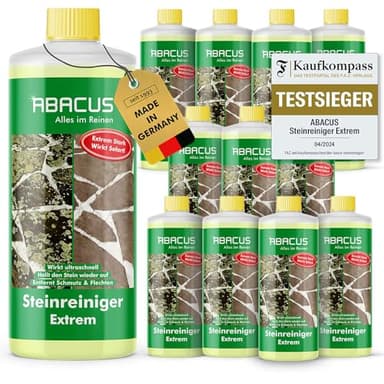 ABACUS® Steinreiniger Extrem, intensiver Steinreiniger für außen mit Sofortwirkung, entfernt sofort Schmutz, Grünbelag, Flechten & Algen auf Steinen in Minuten, Steinreiniger Intensiv außen 12x 1000ml