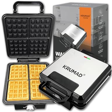 KRUMAD Waffeleisen 2000W – Doppel Waffle Maker für 4 Belgische Waffeln – Antihaftbeschichtung, Temperaturregler, Kontrollleuchten – Kompakt & Leicht zu Reinigen – Edelstahlgehäuse