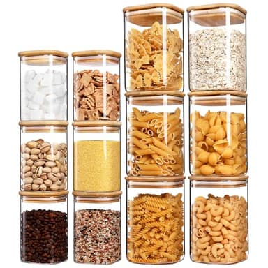 Vtopmart 12er Set Vorratsgläser Mit Deckel, 2 Größen : 1200ml x 6, 600ml x 6, Vorratsdosen Glas Mit Deckel, Vorratsgläser Mit Holzdeckel zur Spaghetti Aufbewahrung
