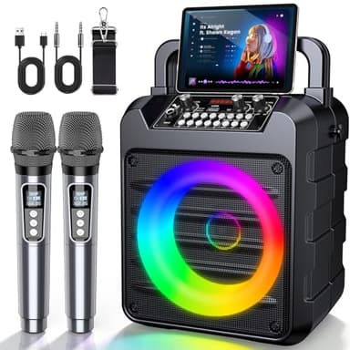 Dislocati Karaoke Maschine Komplettset mit 2 Wireless Mikrofonen, Tragbarer 20W Bluetooth 5.3 Lautsprecher mit LED Lichtshow | Für Garten, Feiern & Familienpartys