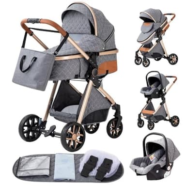 YAZOCO kinderwagen 3 in 1 Buggy Babybett Komplett Set Einem Klick Zusammenklappbarer Kinderwagen, KombiKinderwagen Aluminiumrahmen für Neugeborene Sitzzubehör (4 grau)