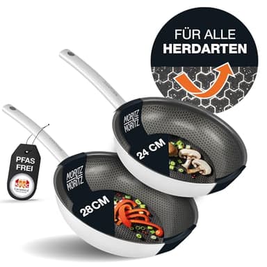 Moritz & Moritz Edelstahlpfannen 24 & 28cm mit Keramikbeschichtung der neuesten Generation - für alle Herdarten geeignet - Antihaft Pfannenset Wabenstruktur zum Kochen, Braten und Schmoren