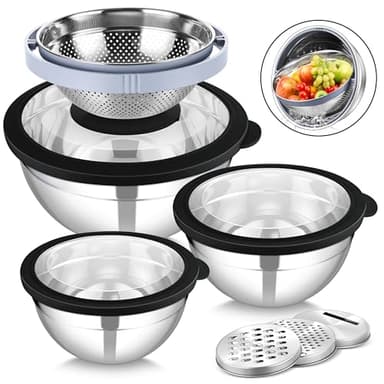 Joyfair Rührschüssel mit Deckel, Edelstahl Schüssel Salatschüssel 3er Set mit Sieb und 3 Reibenaufsätzen für Küche, 4,5L / 3L / 1,5L, Stapelbar & Sichtbar, Spülmaschinenfest, Schwarz