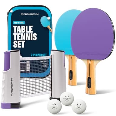 PRO-SPIN Tischtennisschläger Set - Mit Tischtennisnetz Für Jeden Tisch, Tischtennis bälle 3-Sterne, Tasche/Hülle|Ausziehbares Mobiles Tischtennis Netz (Set für 2 Spieler, Lila/Blau)