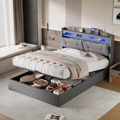 BHFFTHK Polsterbett Doppelbett 140x200, LED Jugendbett Hydraulisch Bett mit Stauraum, LED-Kopfteil mit USB Typ-C & Staufach, Boxspringbett Bettgestell mit Lattenrost, Linen, Hellgrau, Ohne Matratze